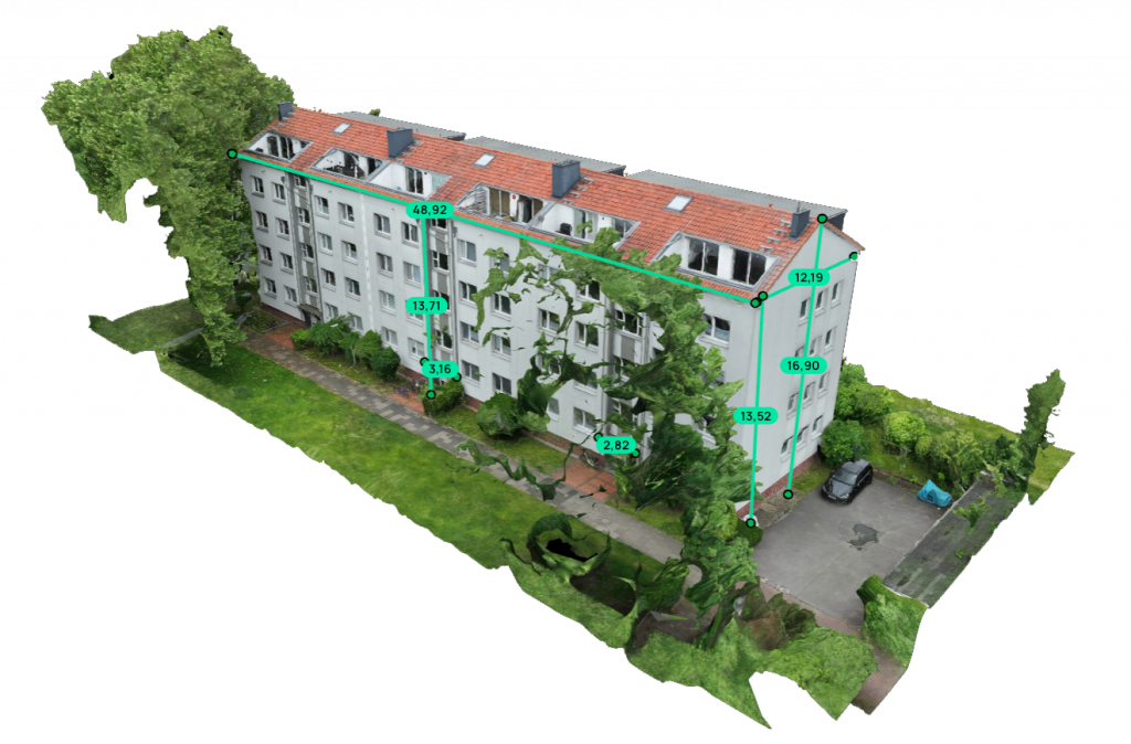von einer drohne erstelltes 3d Bild eines Mehrfamilienhauses